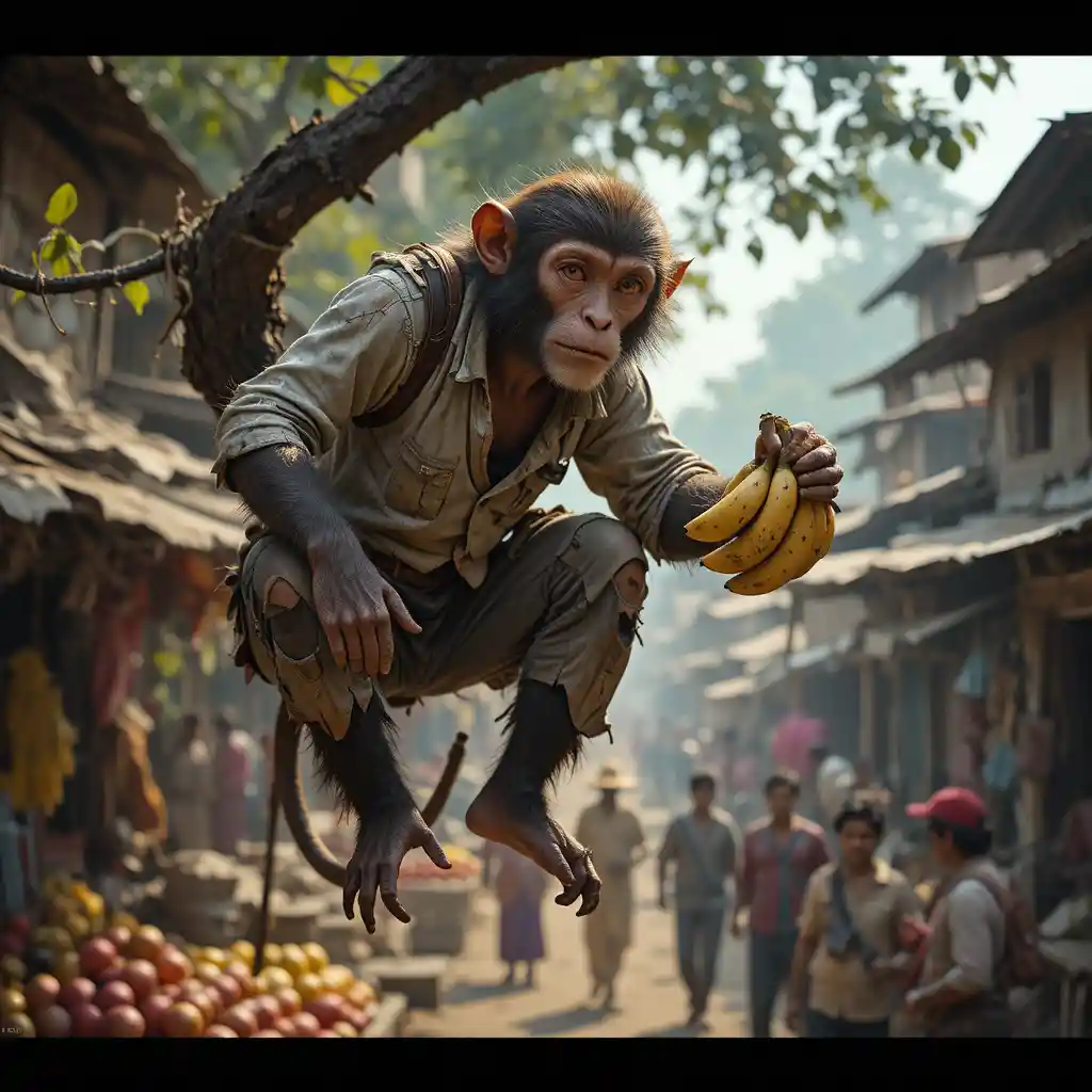 Mischievous monkey sneaks above a busy Indian village market