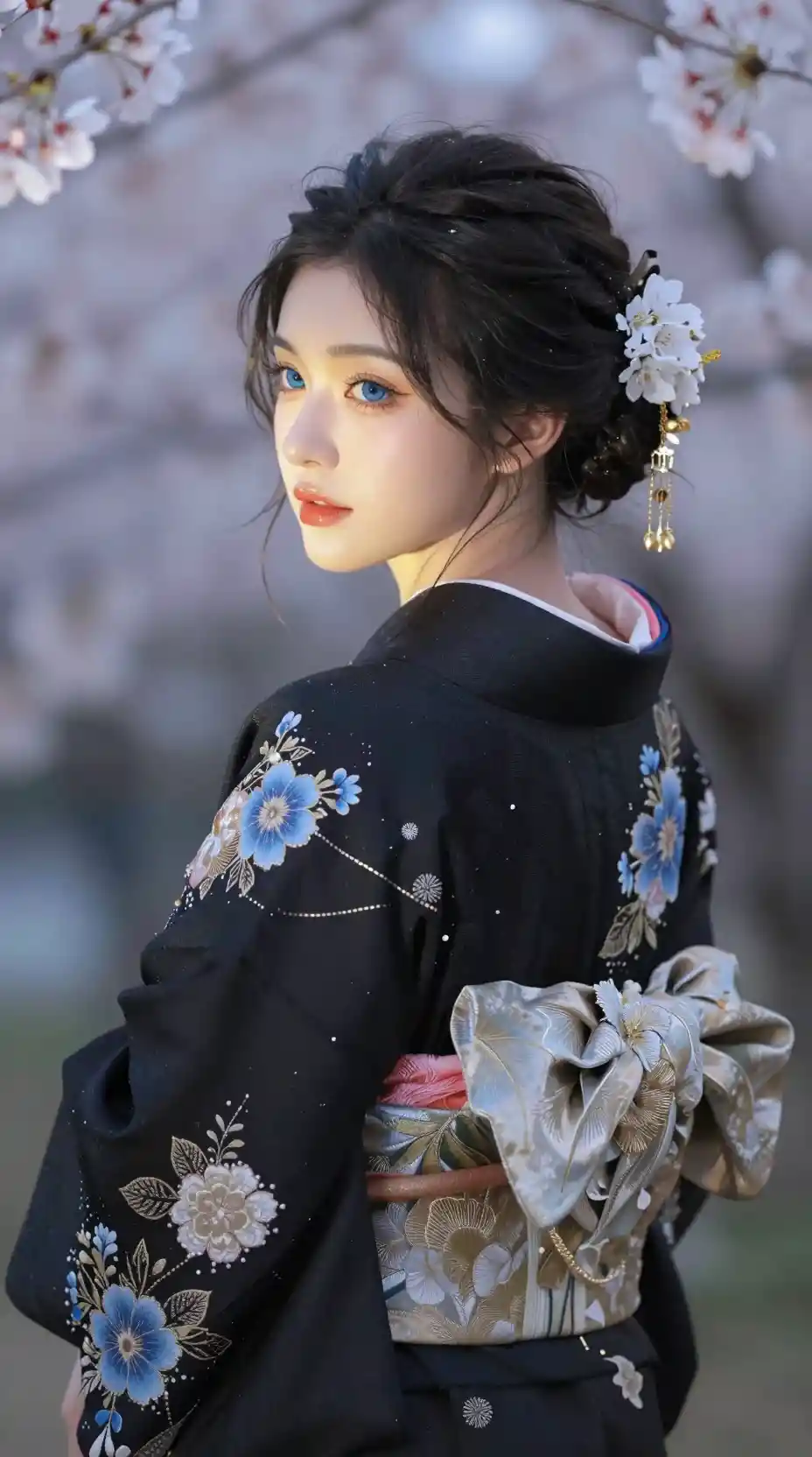 Young woman in black floral kimono under cherry blossoms