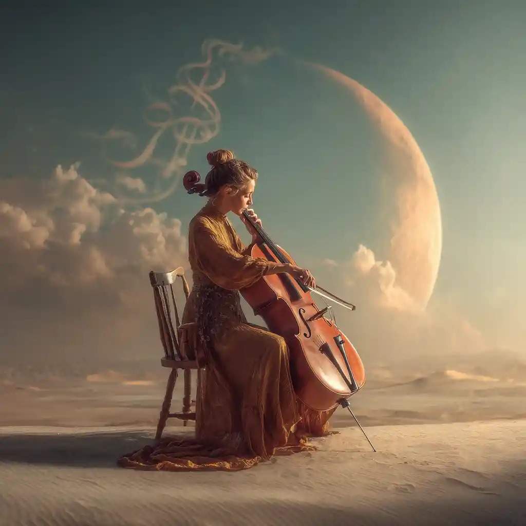 Woman playing cello on desert dune under crescent moon