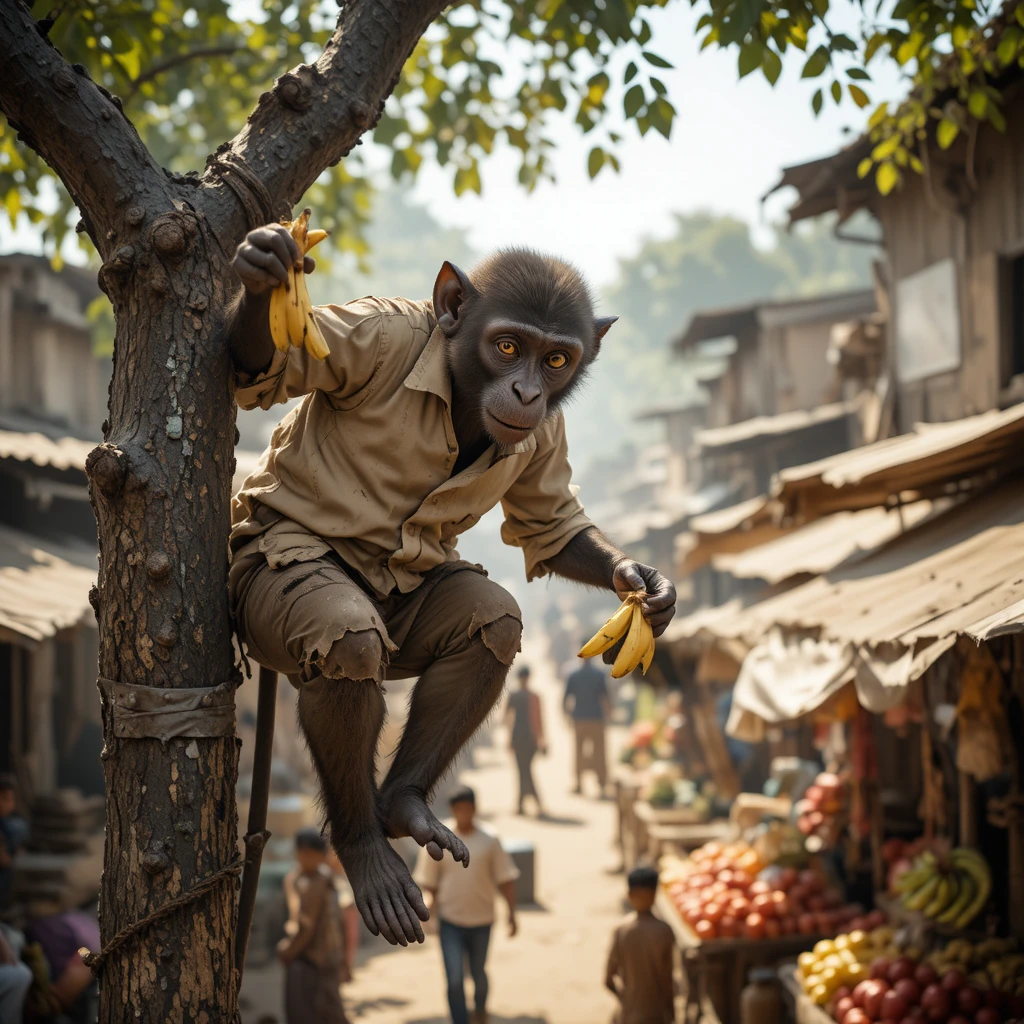 Mono robando fruta sobre un concurrido mercado en un pueblo de la India