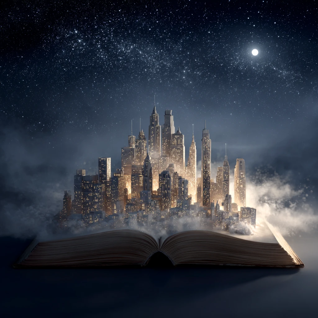 Horizonte surreal de ciudad de libros brillando bajo un cielo estrellado