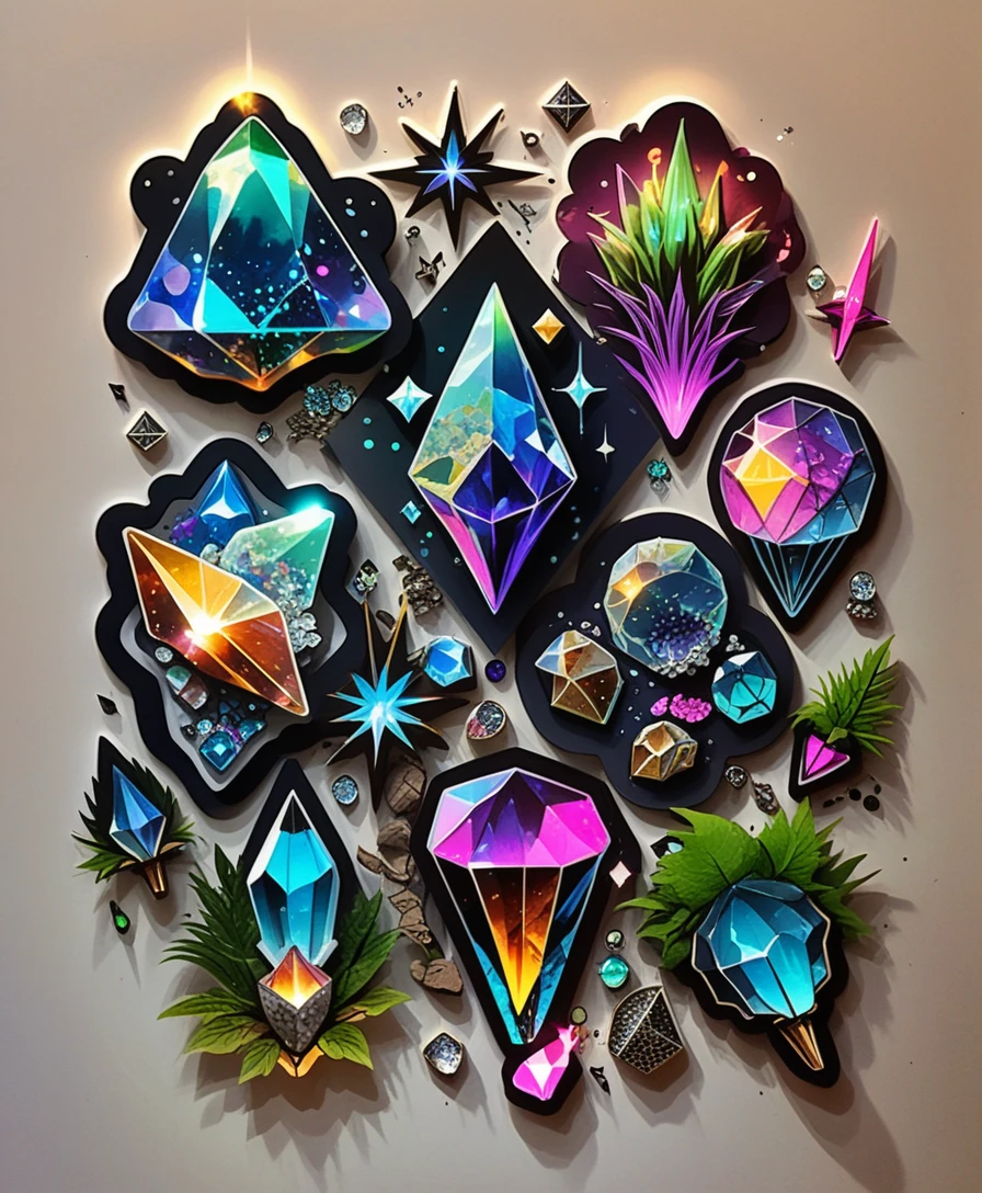 Colorful crystal clusters on white sticker flash sheet illustration