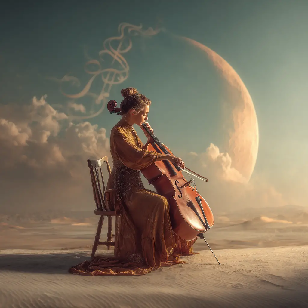 Woman playing cello on desert dune under crescent moon