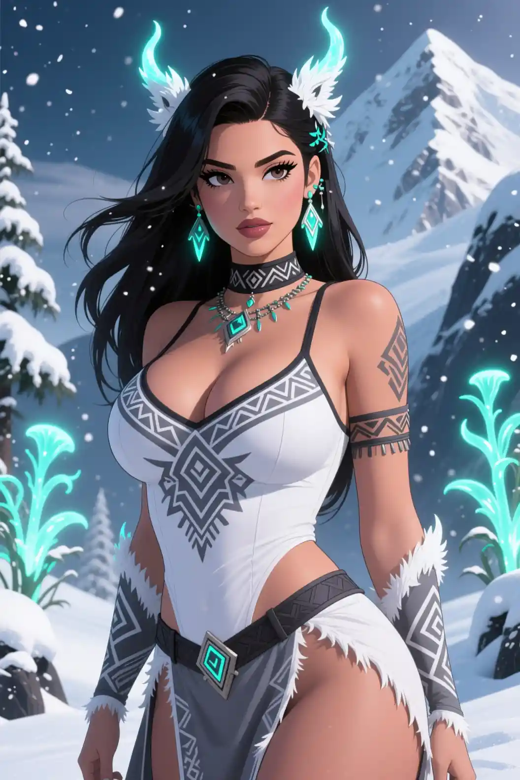 Donna in stile anime su una magica montagna innevata
