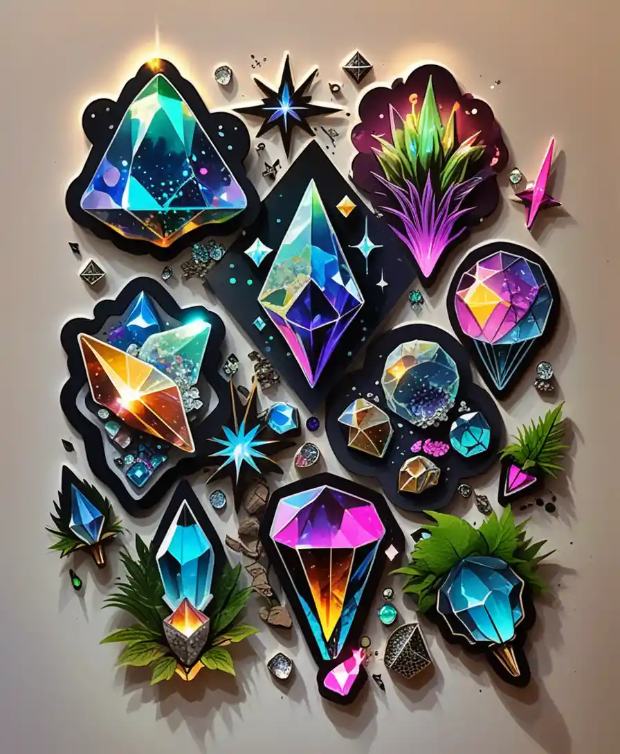 Colorful crystal clusters on white sticker flash sheet illustration