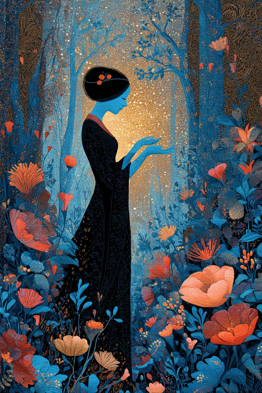 Bioluminescent shaman collecting stars in a surreal forest