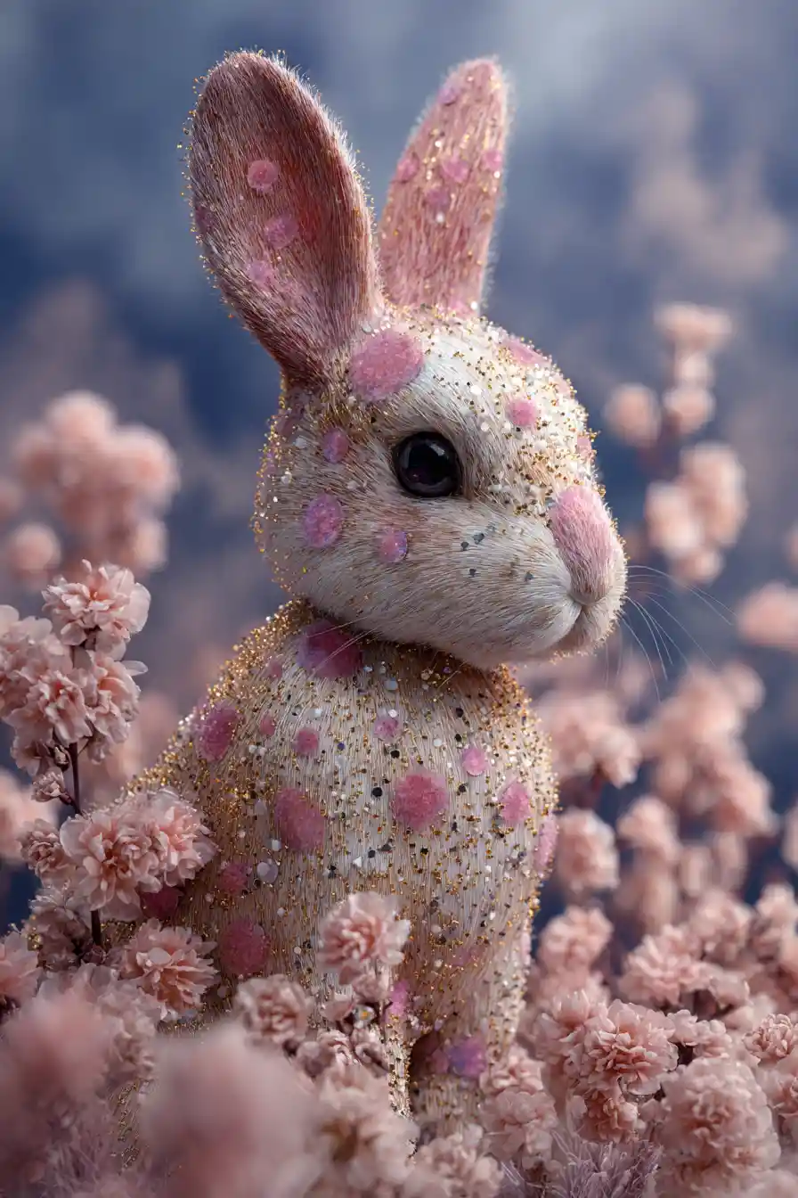 Cute rabbit on a blossoming meadow with shimmering light