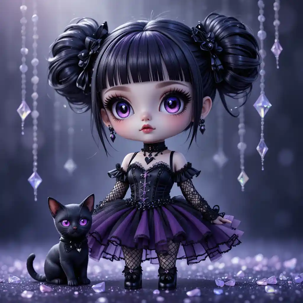 Chica de anime gótica y tierna con ojos negros y dos moños