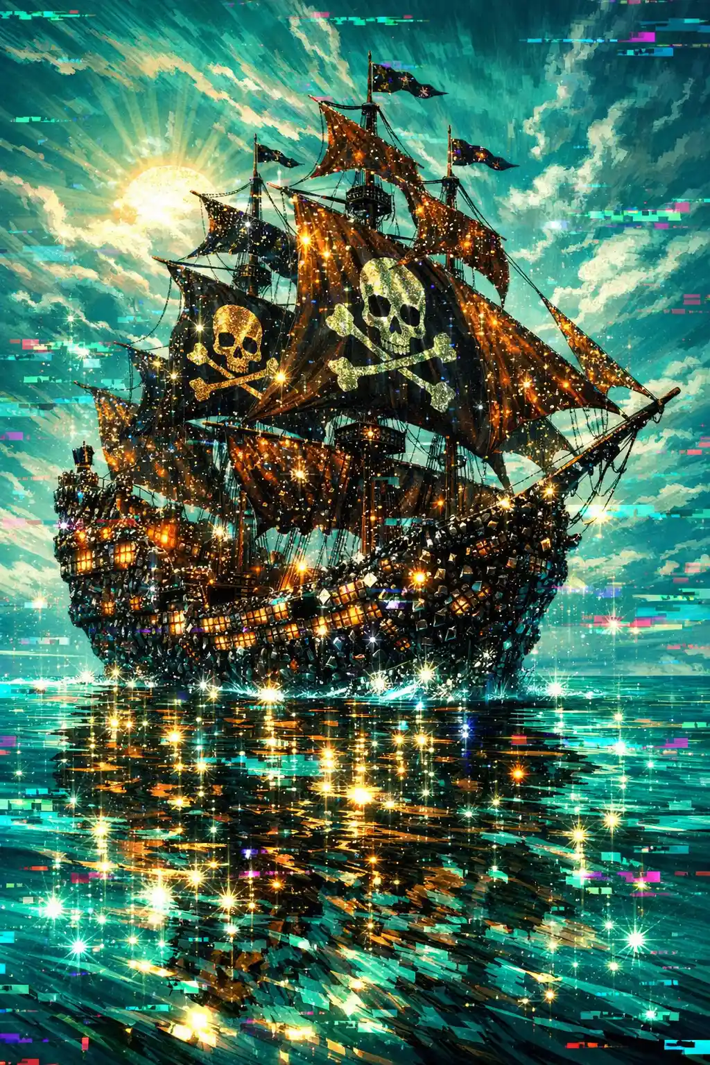 Diamond pirate ship sailing on a shimmering turquoise sea