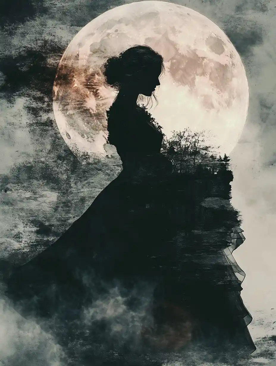 Gothic moon worship in dark double exposure art
