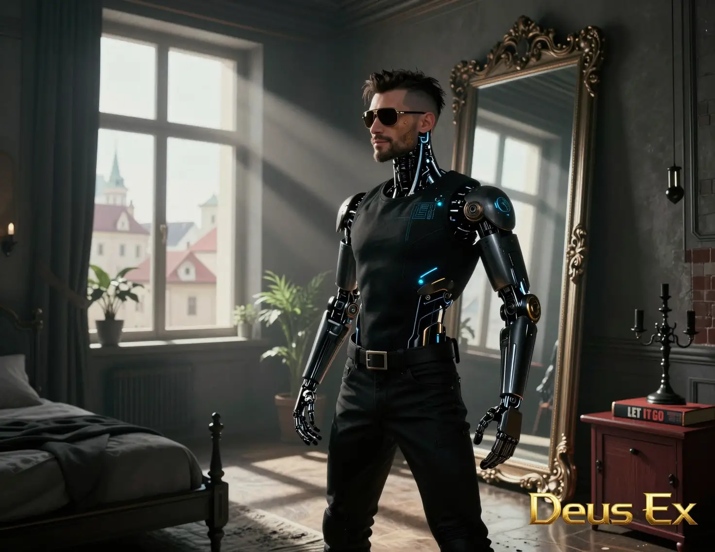 Cybernetic detective posing in a futuristic bedroom
