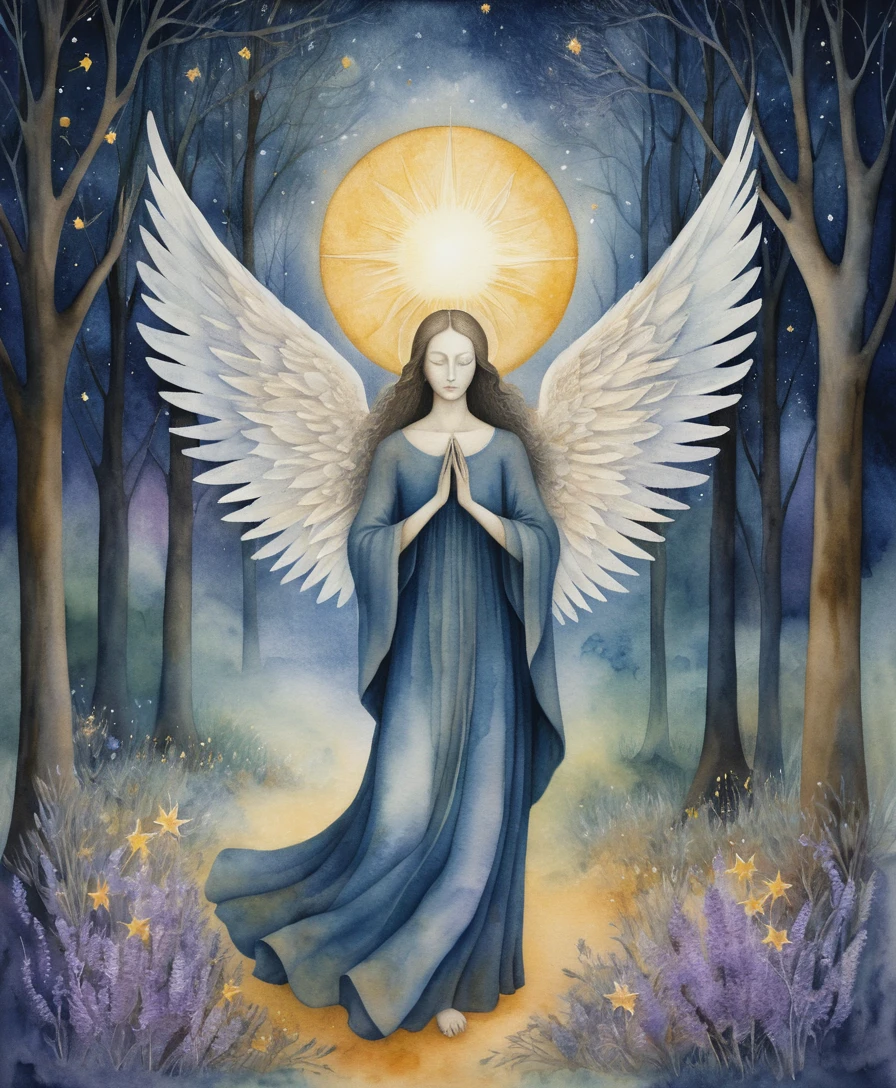Angel tending a luminous grove of celestial trees