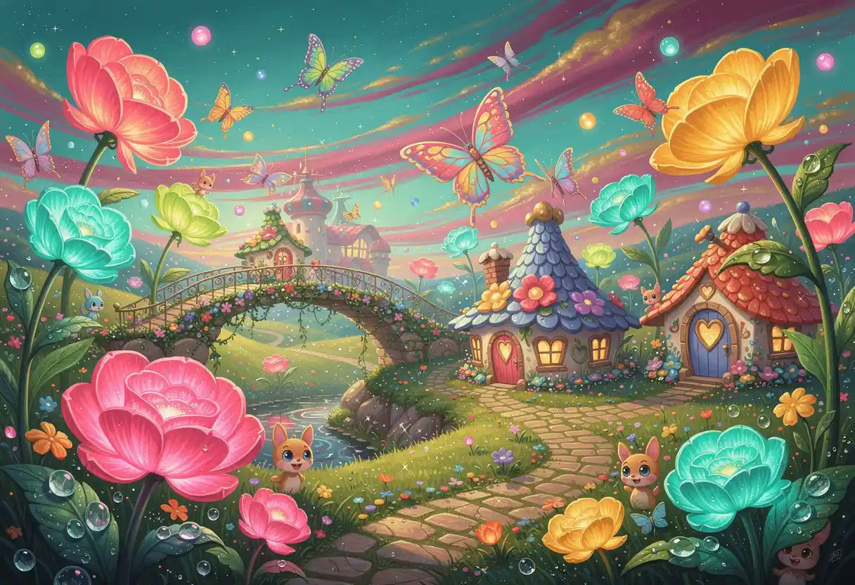 Whimsical Fantasy Garden With Glowing Flower Cottages