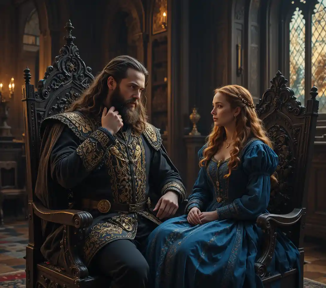 Proud nobleman and young lady in a gothic palace hall