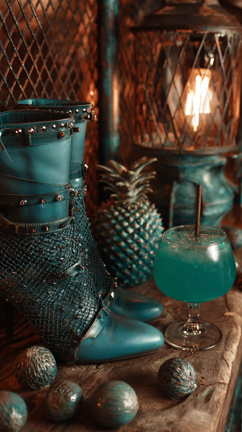 Edgy editorial bar scene in taupe and turquoise tones