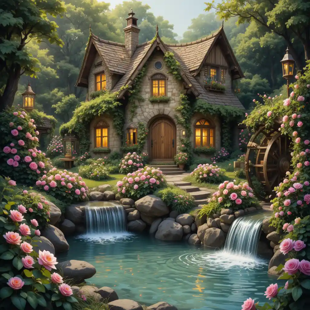 Cottage di pietra da fiaba con edera e giardino segreto di fiori
