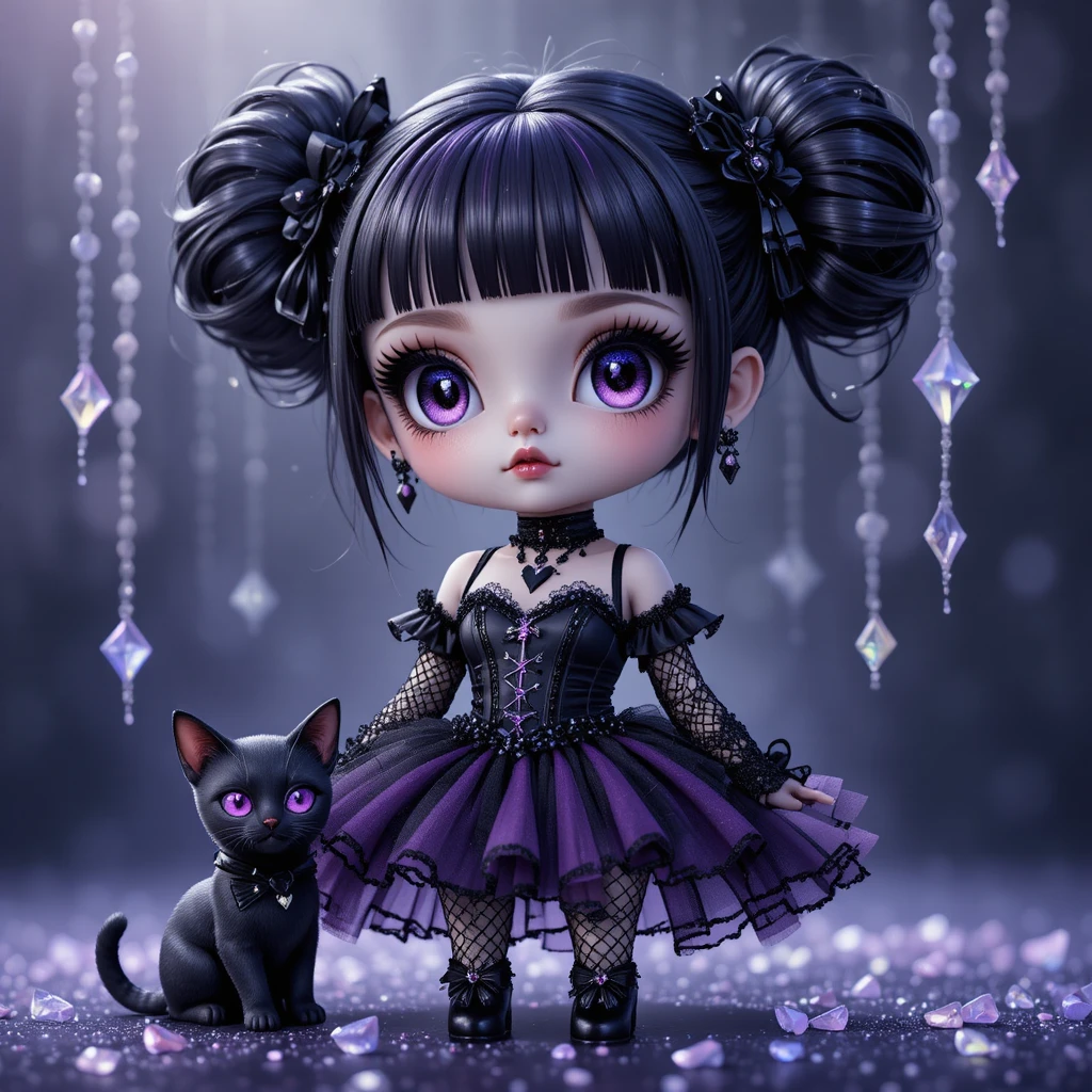 Chica de anime gótica y tierna con ojos negros y dos moños