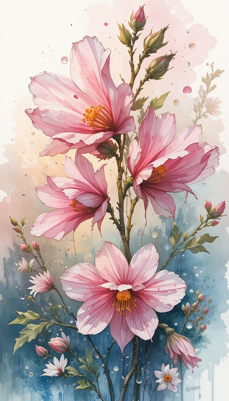 Delicate Pink Bellflowers In Expressive Watercolor With Dewdrops