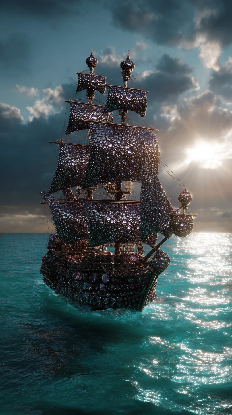 Vascello Pirata Incantato di Diamante che Solca un Mare Turchese