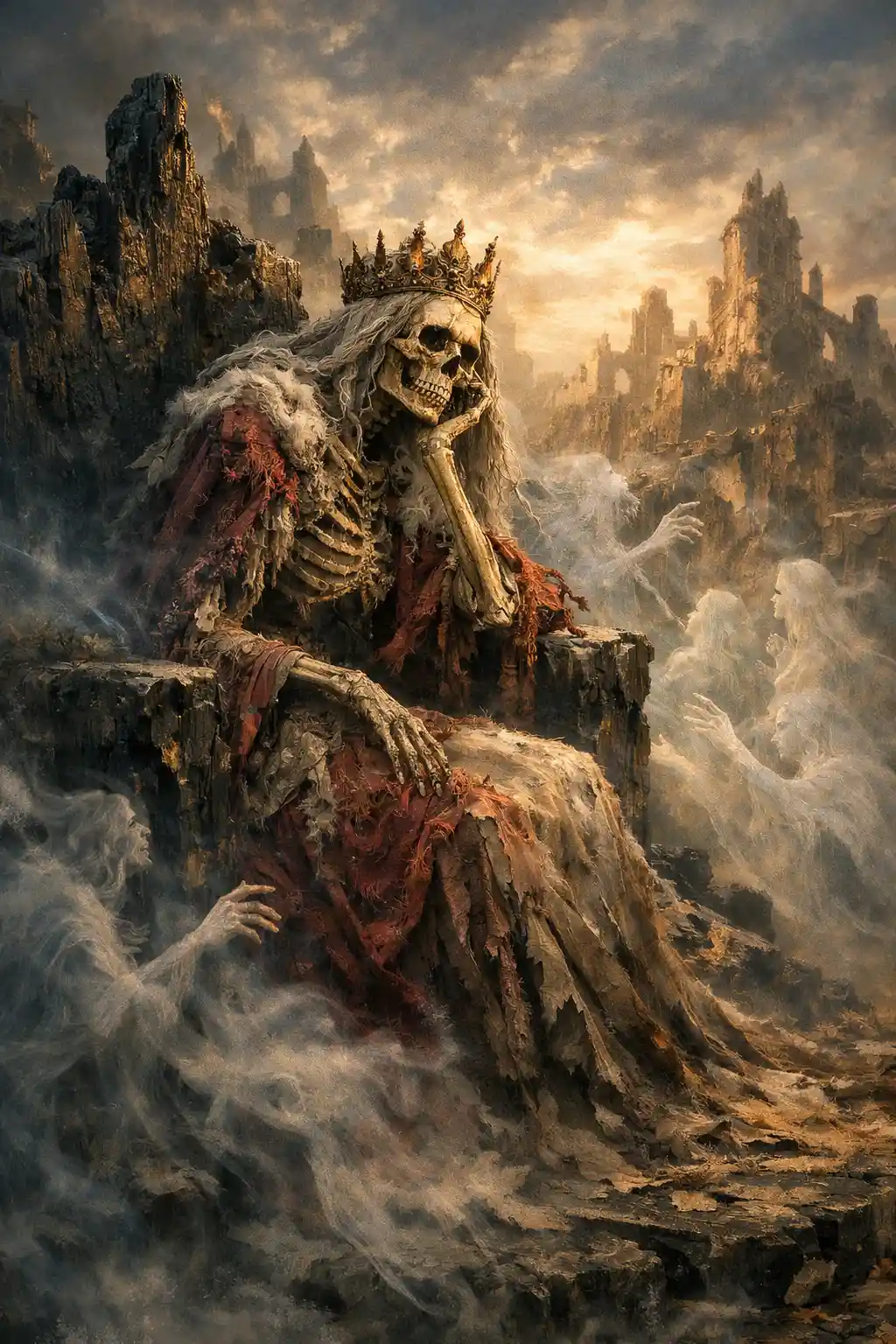 Skeletal queen on an obsidian throne in ghostly ruins