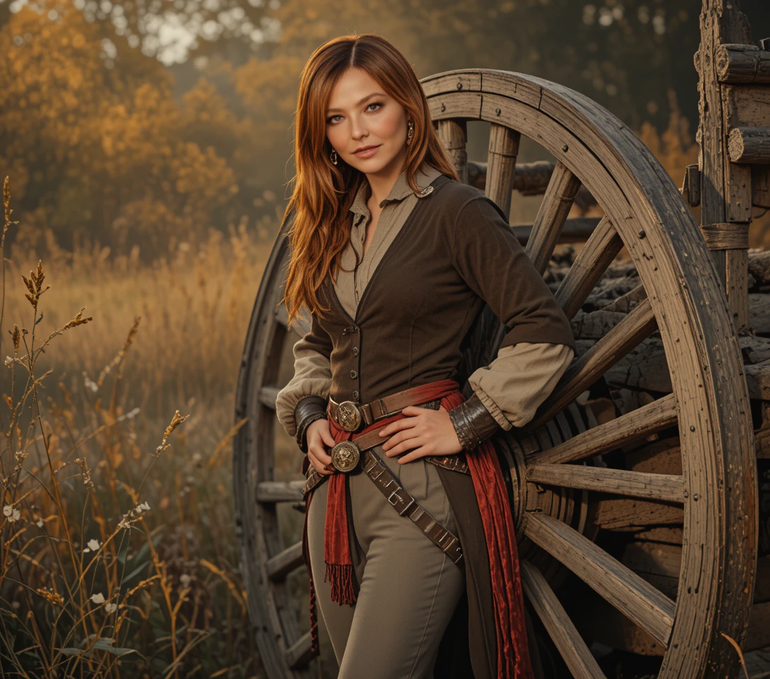 Red haired assassin woman by a wagon wheel in autumn forest