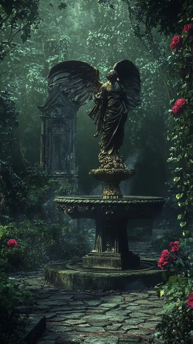 Fonte de pedra envelhecida e anjo em jardim de cemitério tomado pelo mato
