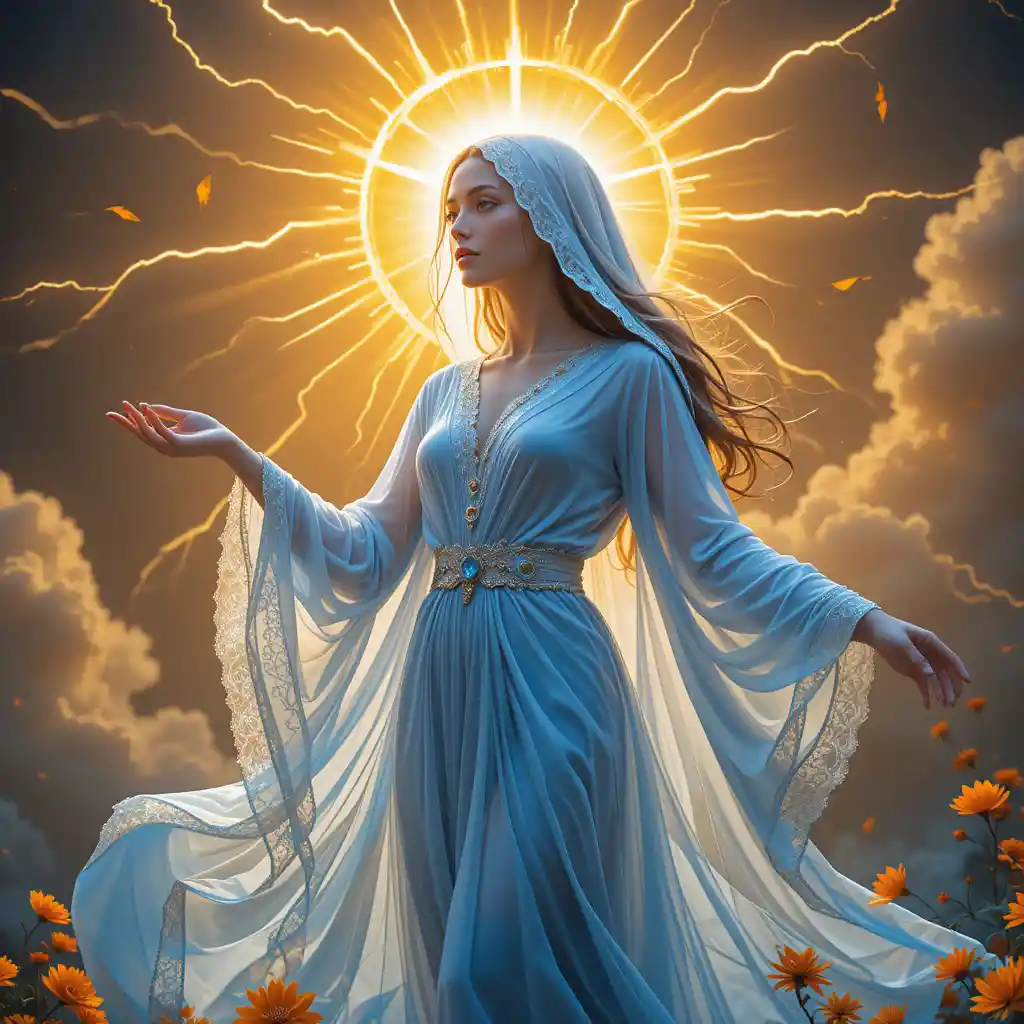 Sun goddess in pale blue robes holding radiant sun