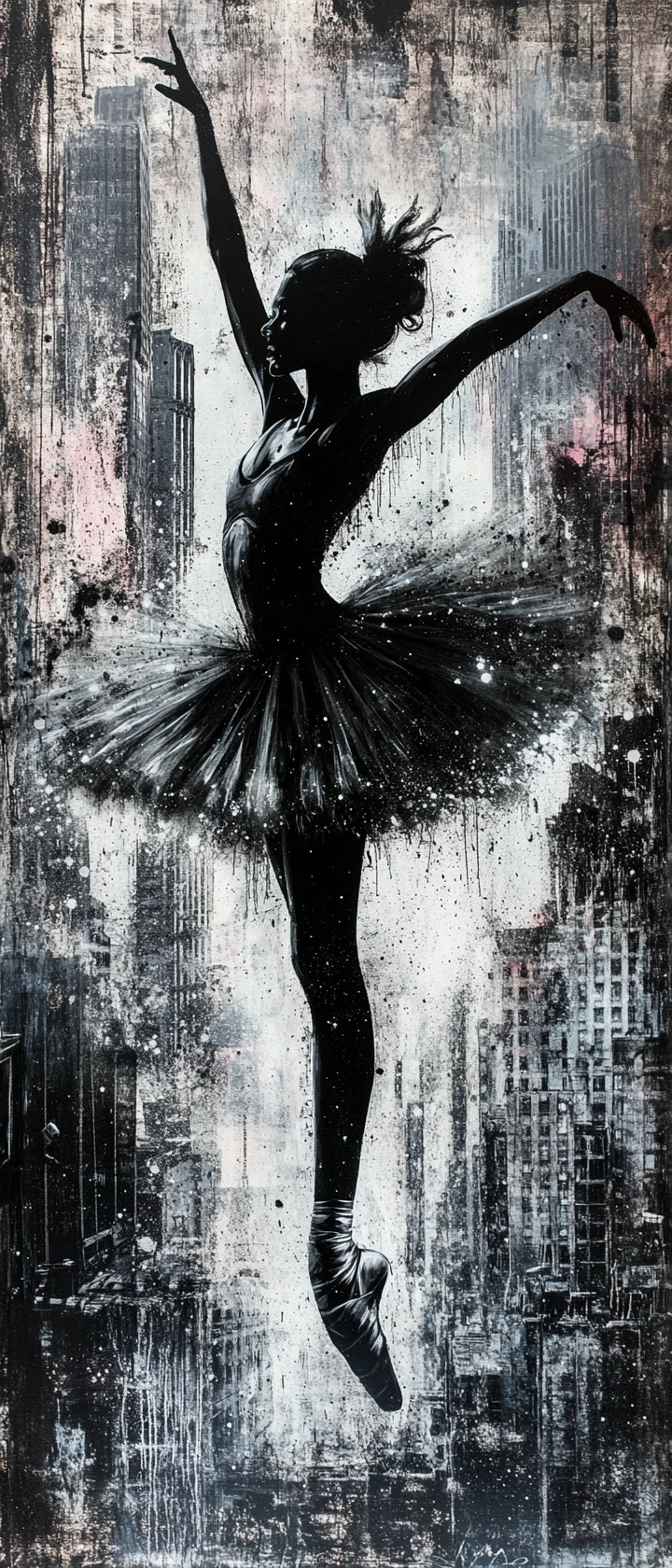 Young ballerina pirouette in a ruined monochrome city
