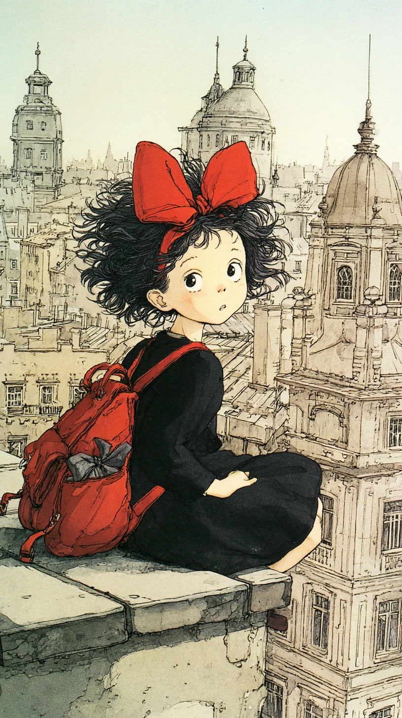 Young girl on a rooftop in a manga style city