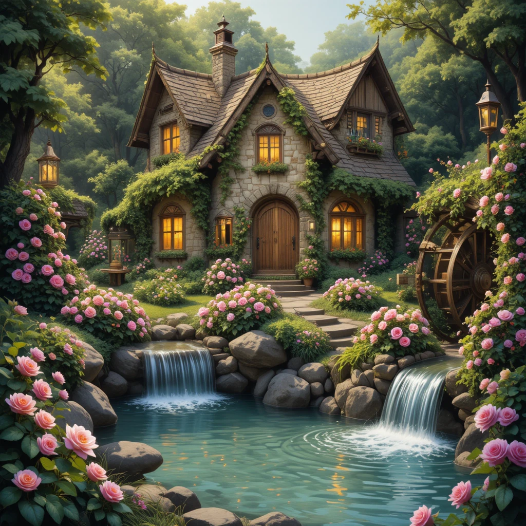 Cottage di pietra da fiaba con edera e giardino segreto di fiori