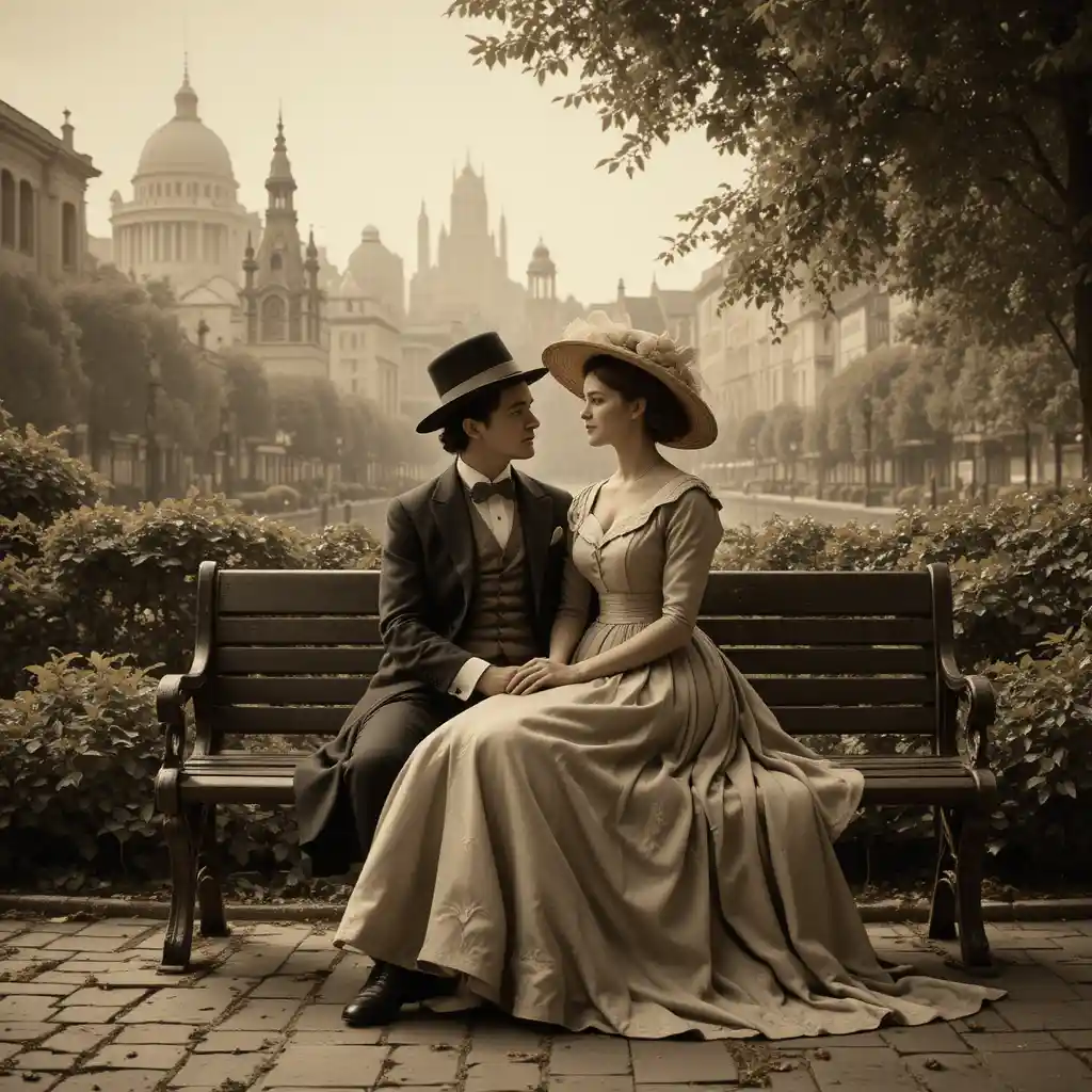 Pareja victoriana en banco de parque en escena urbana nostálgica
