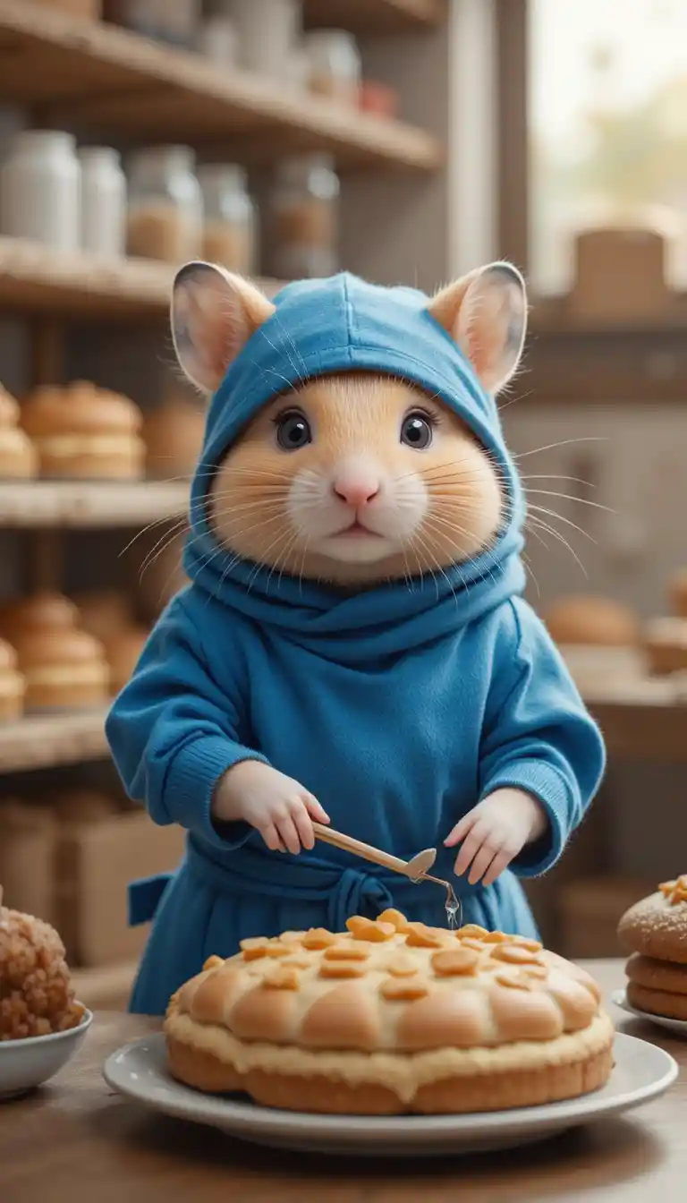 Criceto Panettiere in Costume da Ninja Blu in una Panetteria Accogliente