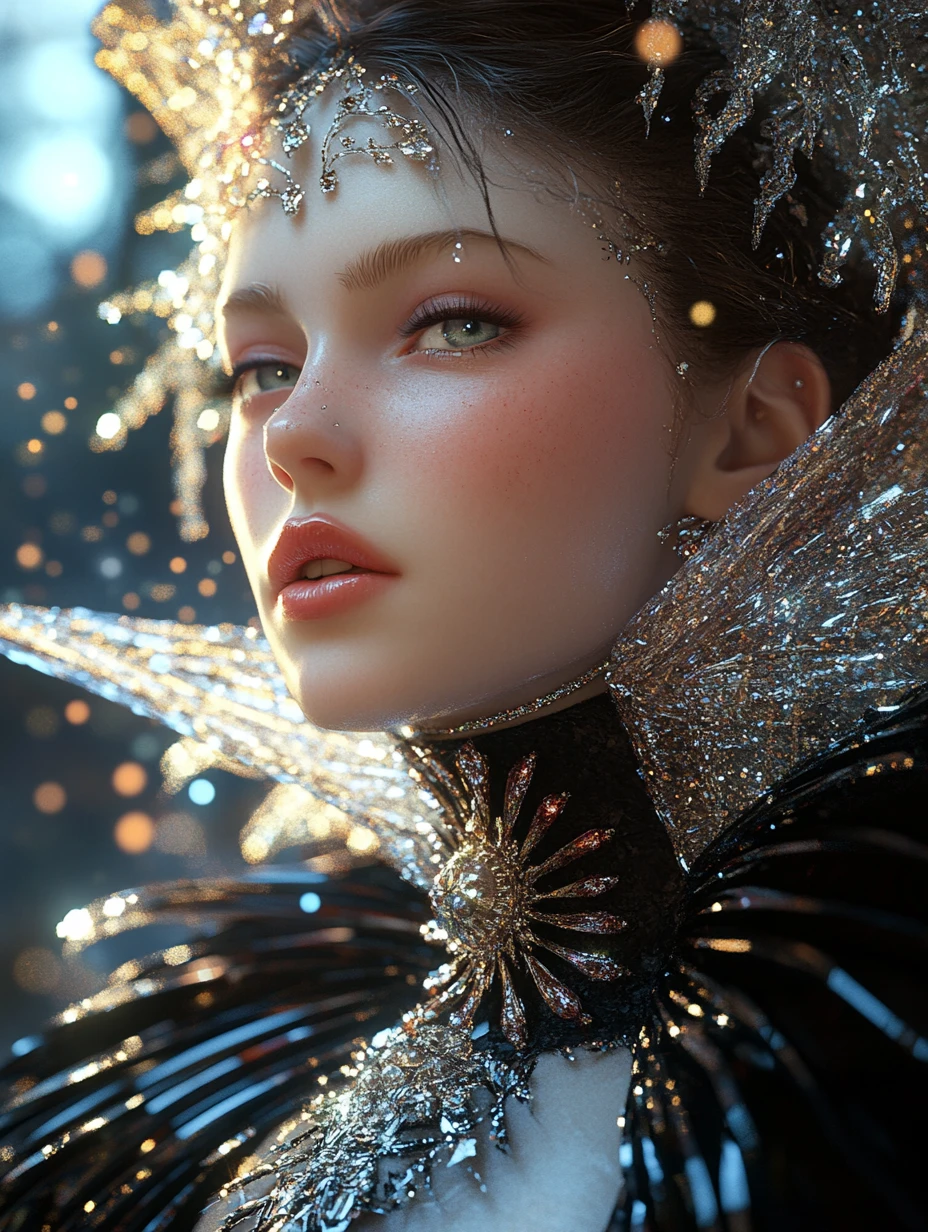 Elegant fantasy woman posing with luminous jeweled collar