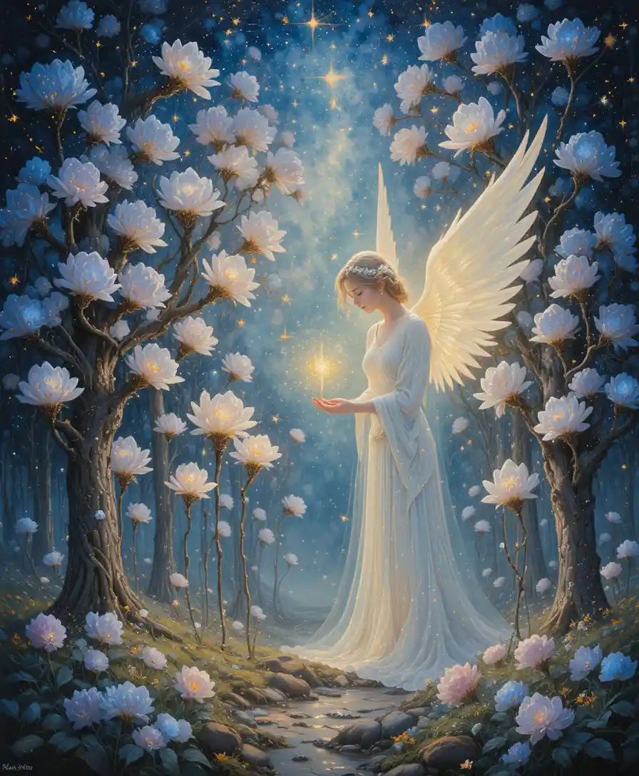 Angel tending a glowing celestial grove of starlit trees