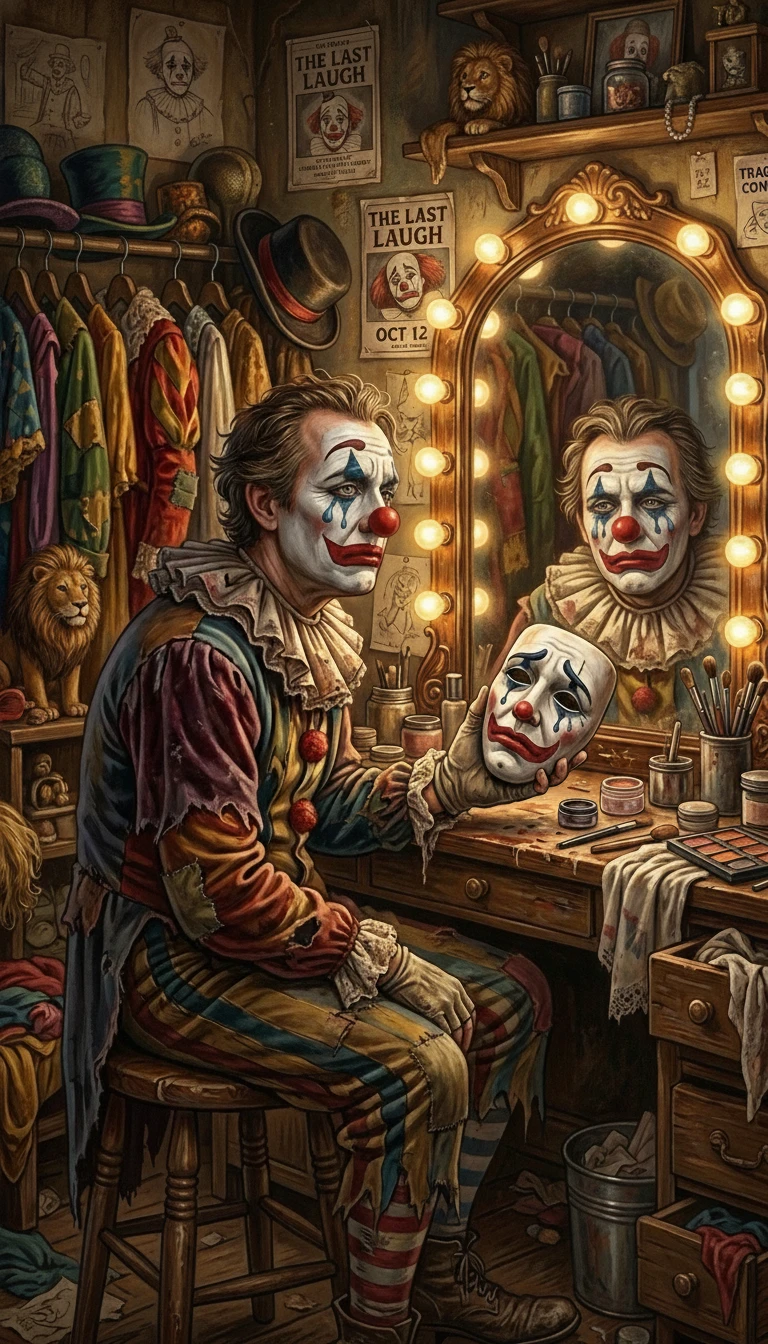 Sad clown with mask sitting before a mirror