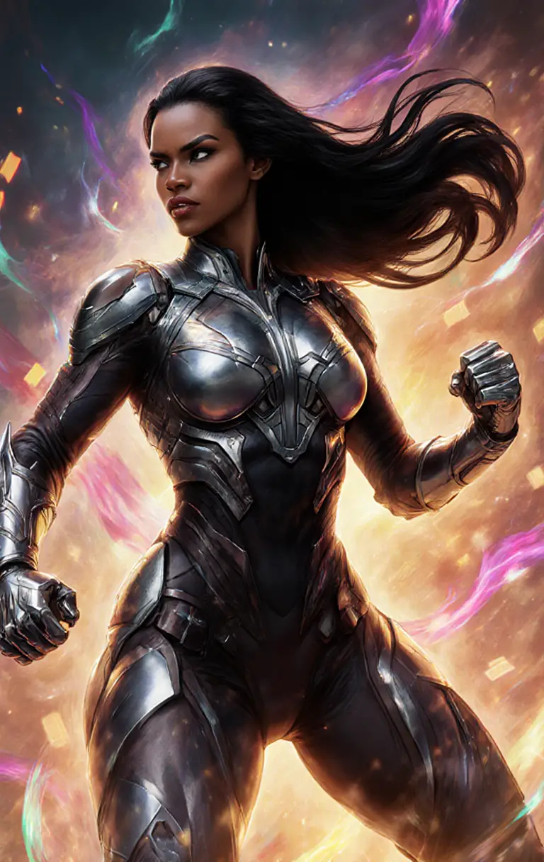 Fierce futuristic warrior woman with glowing battle aura