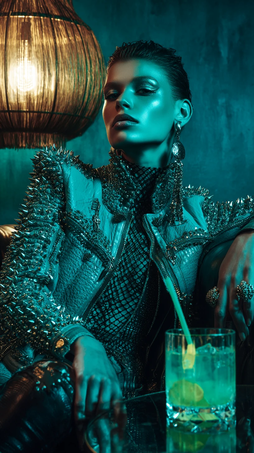 Moody editorial bar scene in taupe and turquoise tones