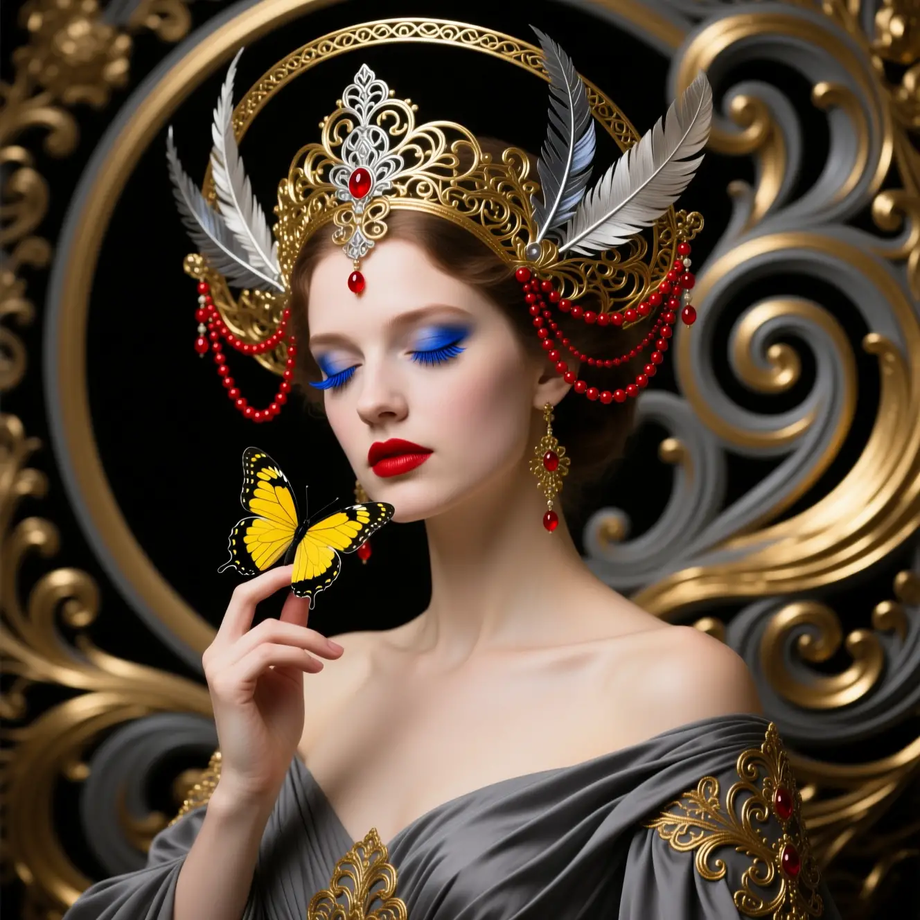 Ethereal woman with butterfly and ornate halo headdress
