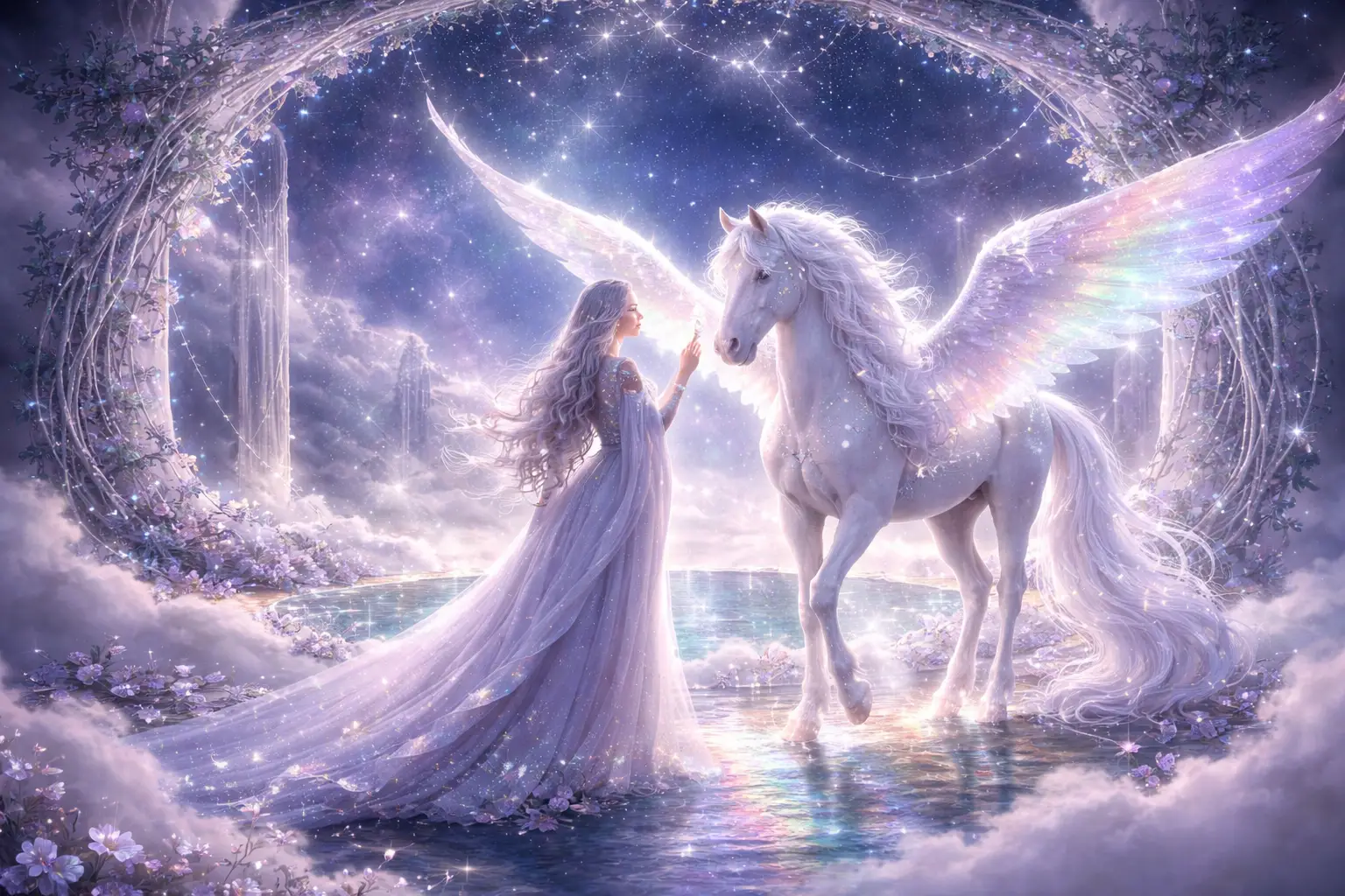 Winged unicorn guiding a visitor through moonlit sanctuary