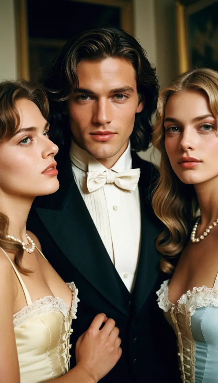Close up portrait of a man with two maids kissing