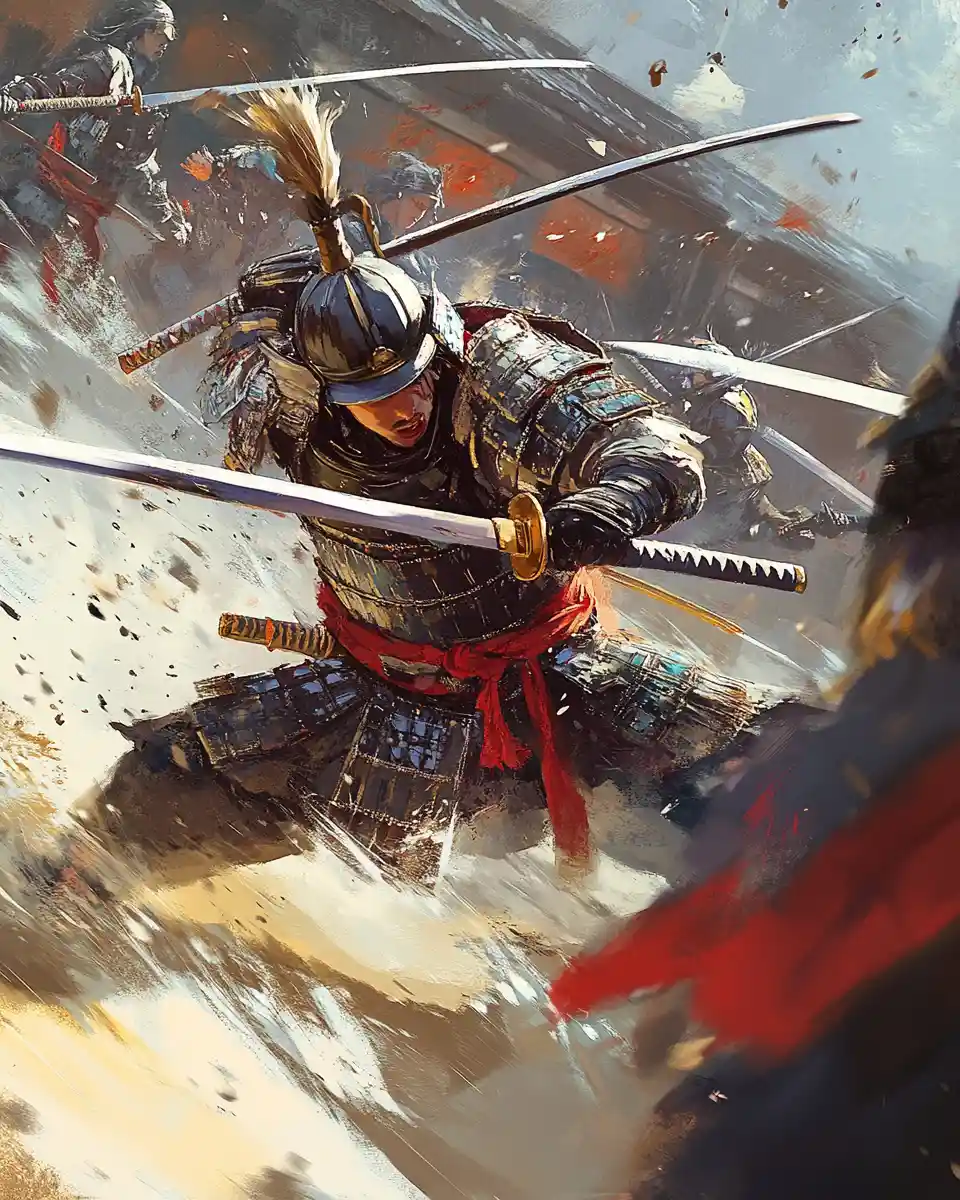 Samurai warrior slashing enemies in dynamic anime battle