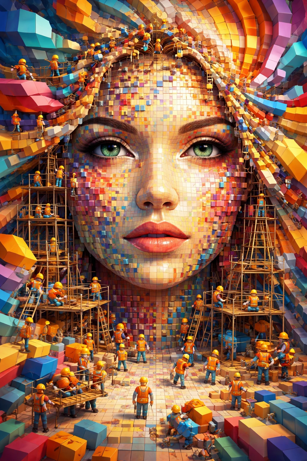 Female face built from colorful cubes by tiny workers