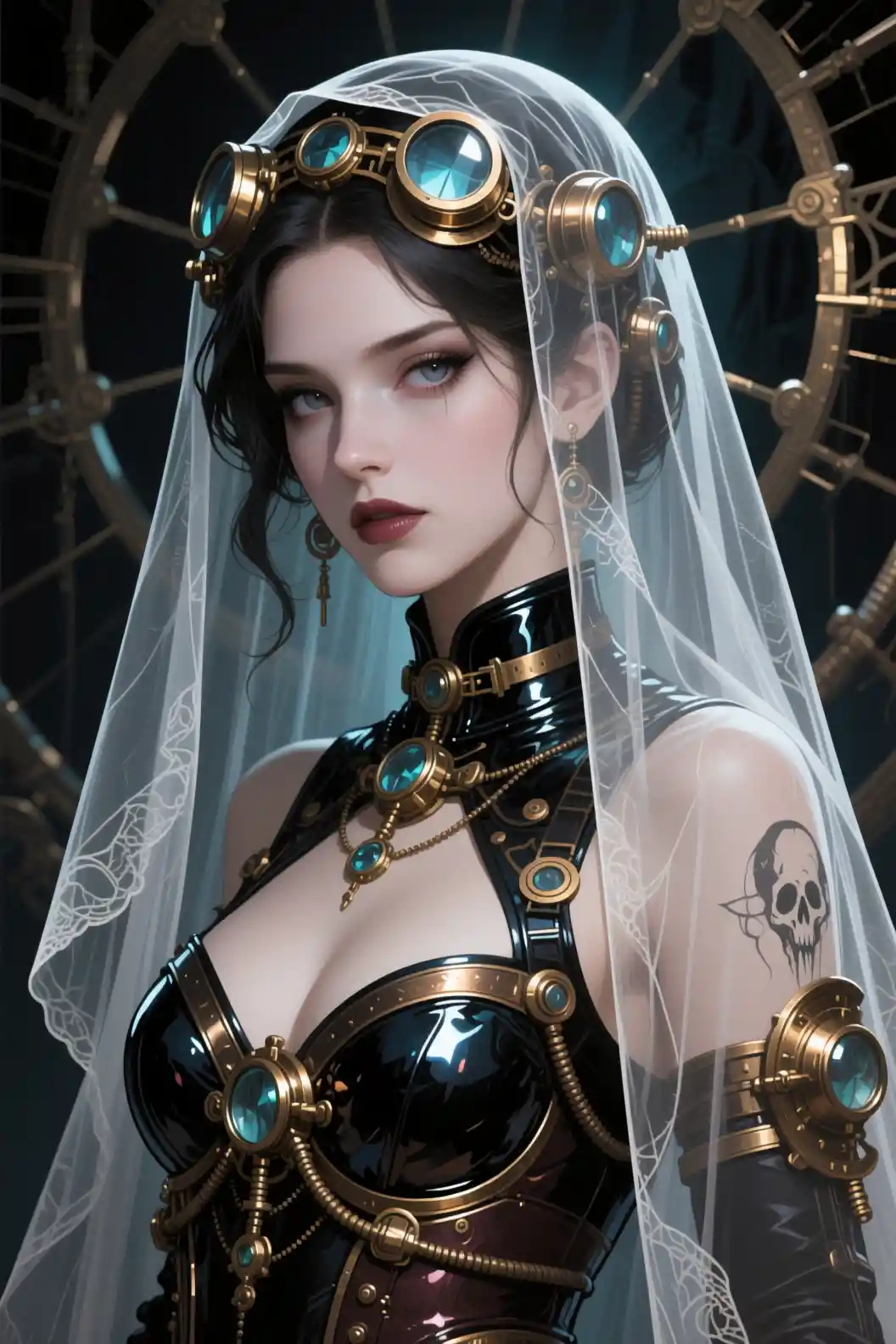 Veiled woman between life and death in steampunk fantasy