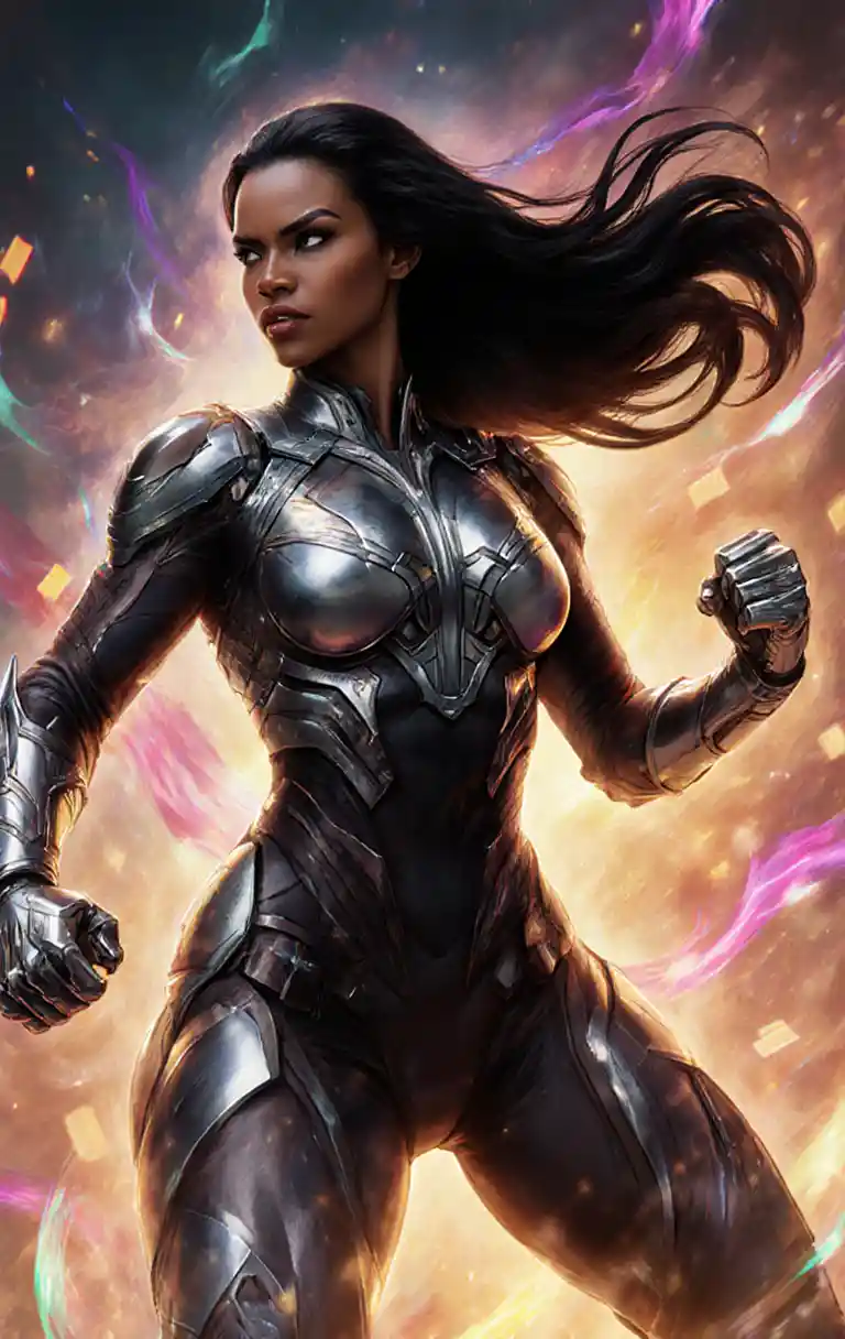 Fierce futuristic warrior woman with glowing battle aura