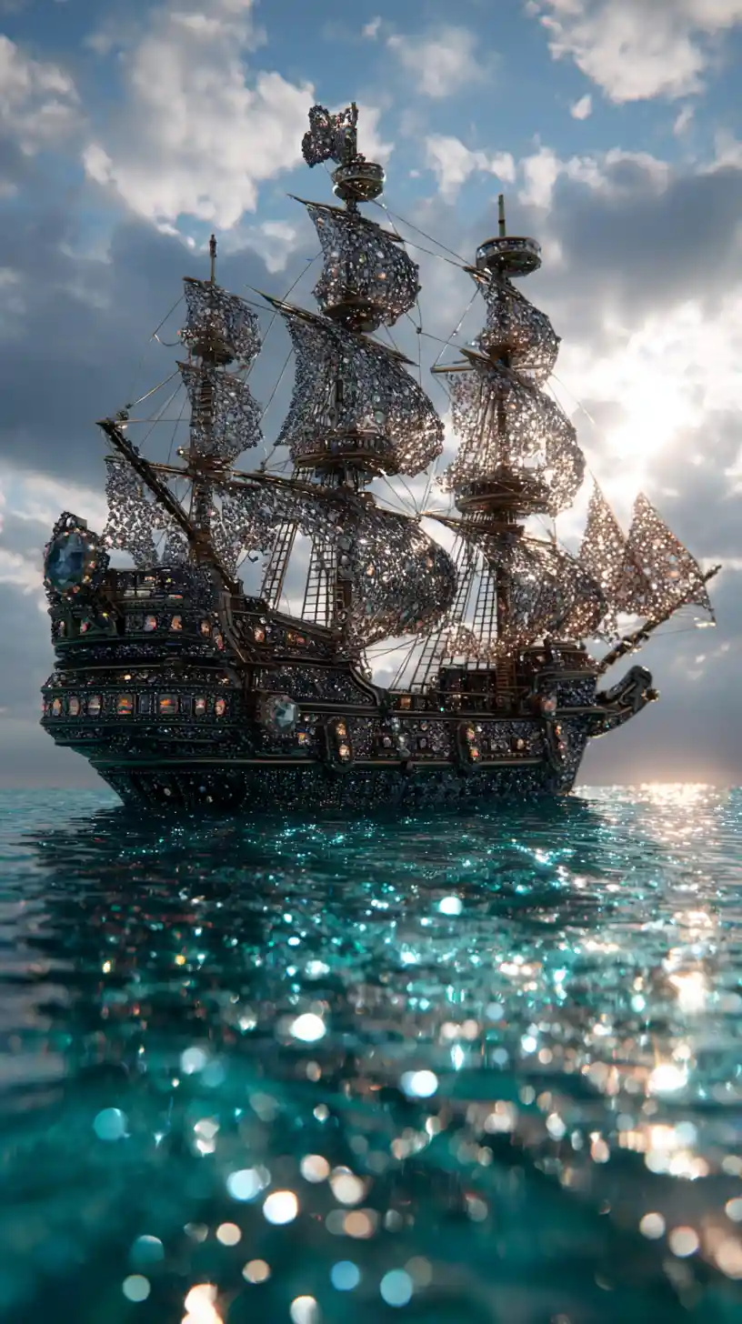 Enchanted Diamond Pirate Ship Sailing On Turquoise Sea