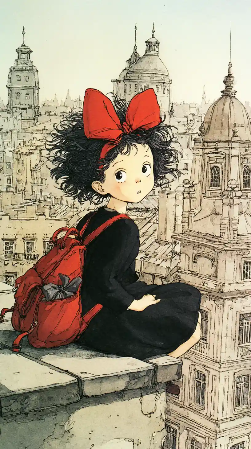 Junges Mädchen auf einem Dach in einer Stadt im Manga-Stil