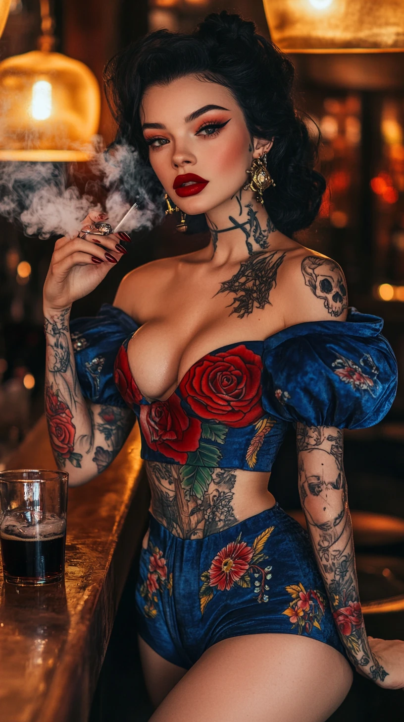 Donna tatuata che fuma al bancone di un bar poco illuminato
