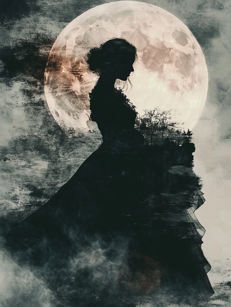 Gothic moon worship in dark double exposure art
