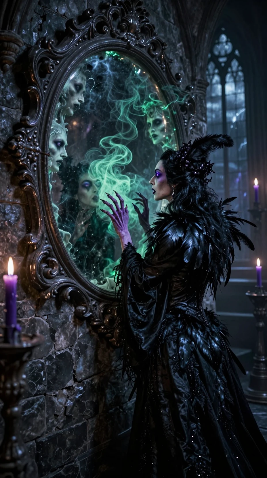 Ancient sorceress before a cursed obsidian mirror