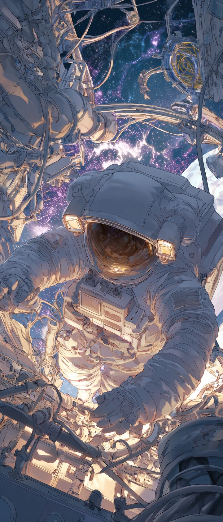 Astronauta che ripara un modulo di stazione spaziale in frantumi in stile anime